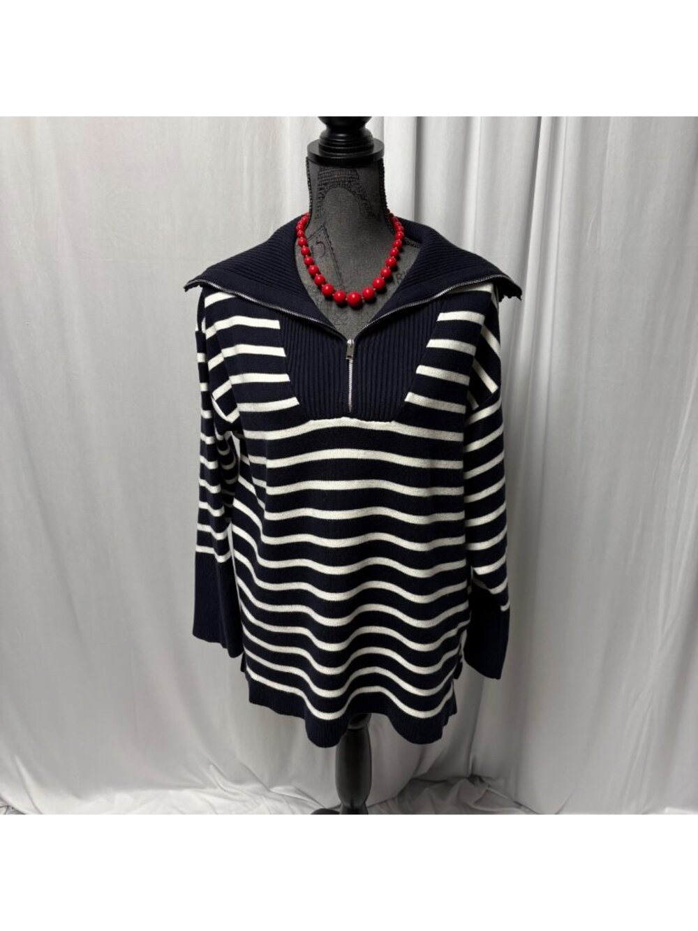 Elie Tahari Quarter Zip Sweater Woman Plus Size 1X Navy White Striped Rib Knit